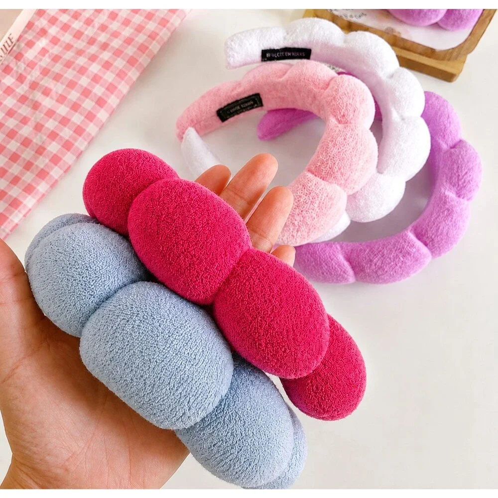 2 Pack Puffy Spa Headbands Rose Red Blue Terry Cloth Skincare Makeup Beauty NEW